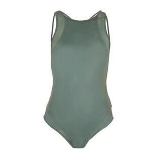 TopShop Olive Green One Piece Swimsuit High Neck Mesh Strapy Sexy Back Size 8